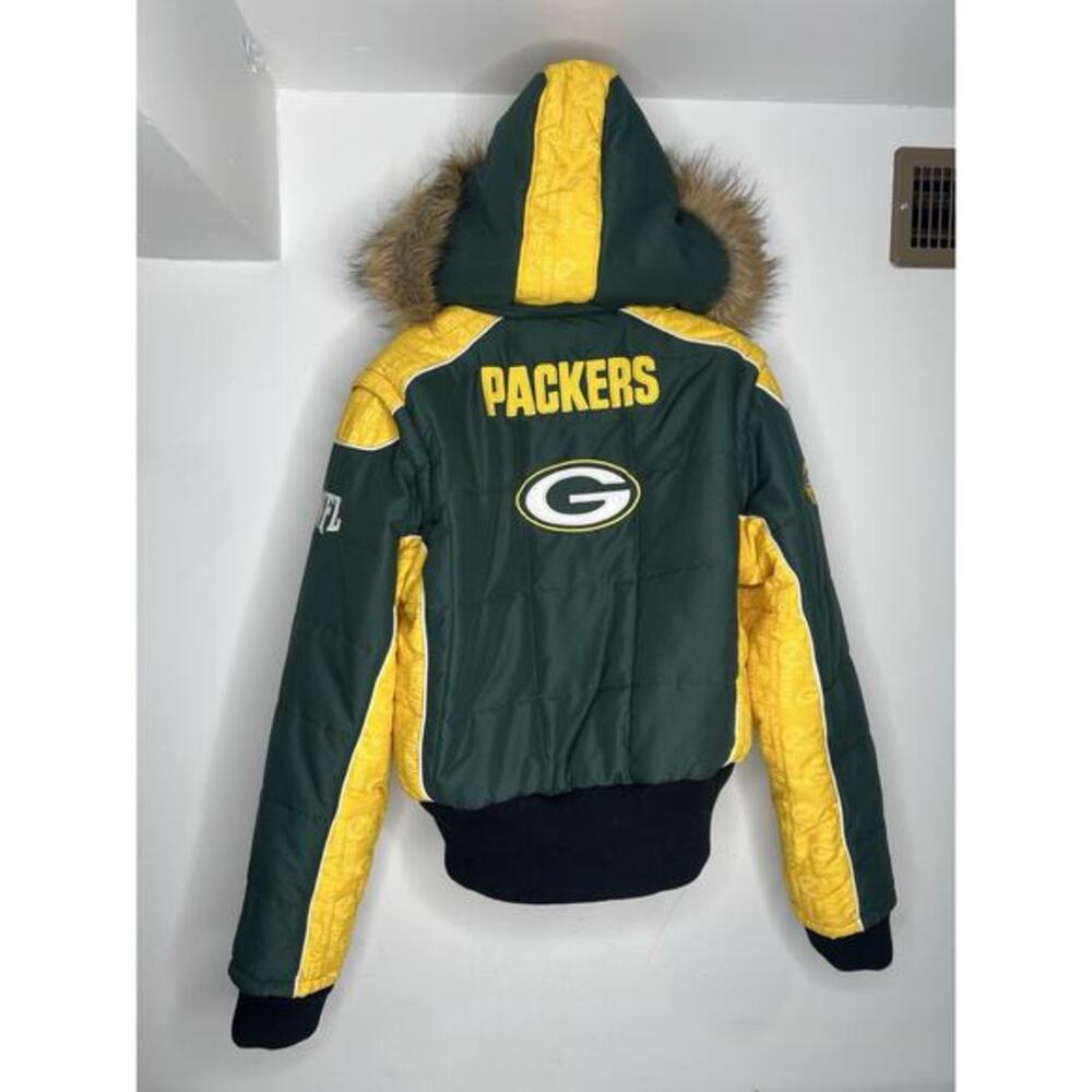 NFL Green Bay Packers Puffer 2 In 1 Bomber Coat Vest Faux Fur Trim Hood Large
